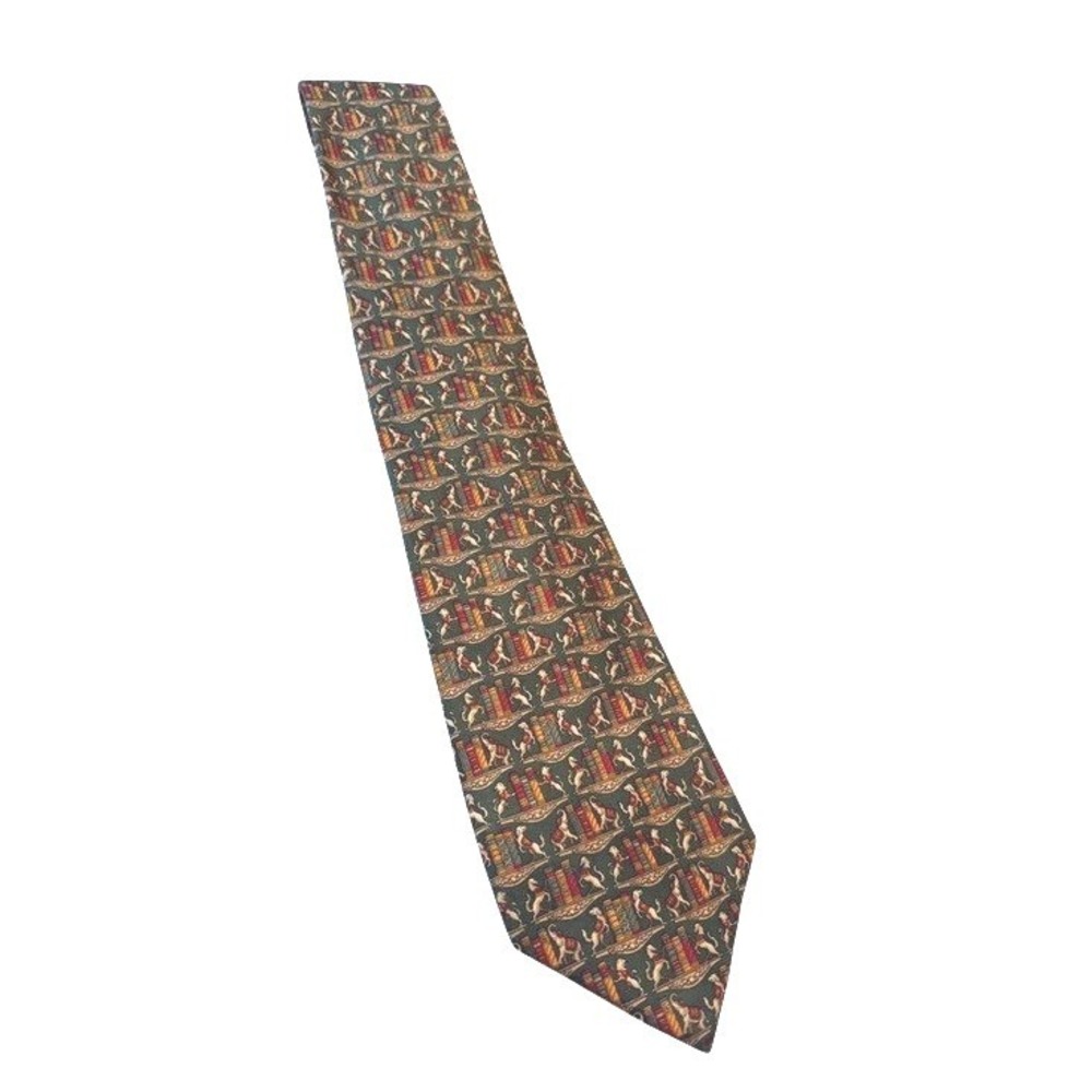 Salvatore Ferragamo 100% Silk Mens Green Library Preppy Classy Tie Made in Italy - Picture 2 of 6